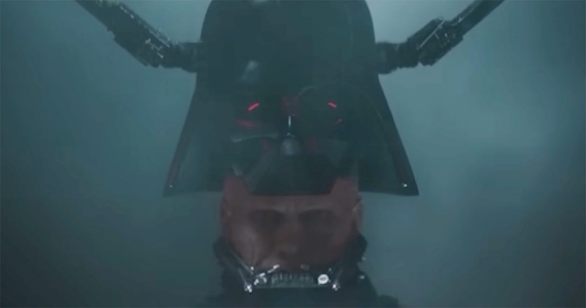 Darth Vader submerged in bacta tank with helmet suspended above in “The Empire Strikes Back”