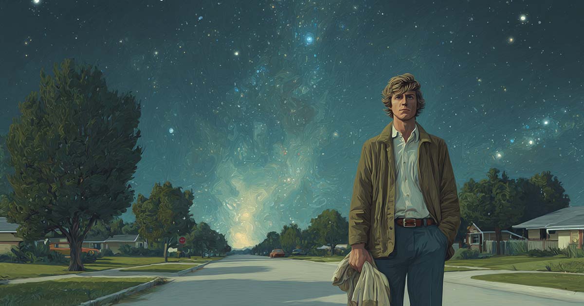 Ordinary man holding a towel on a suburban street beneath a vast starry sky for "The Hitchhiker’s Guide to the Galaxy" review.