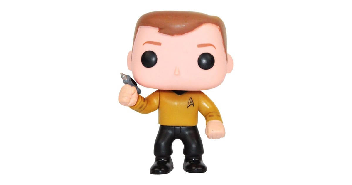 Funko POP Star Trek Captain James T Kirk vinyl figure holding phaser in gold command uniform.