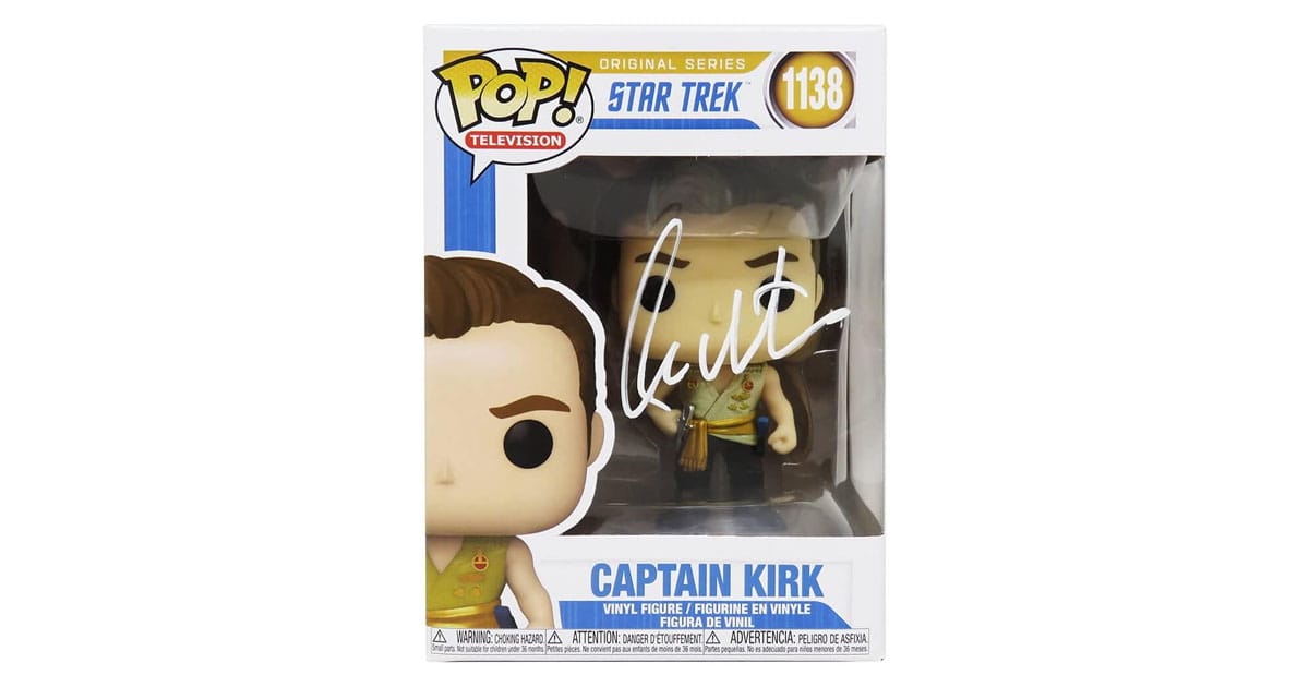 William Shatner signed Captain Kirk Funko Pop 1138 vinyl figure in original Star Trek box with autograph on window.