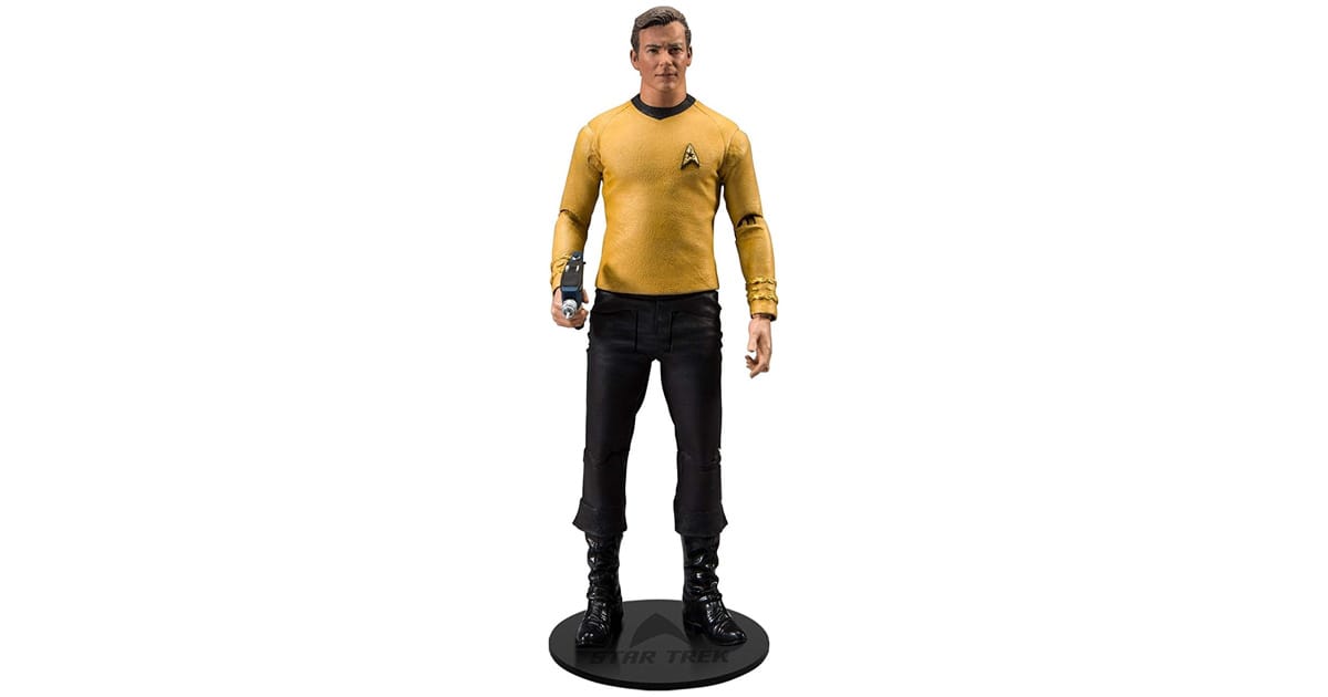 McFarlane Toys Captain James T Kirk Star Trek action figure in gold uniform holding phaser on display base.