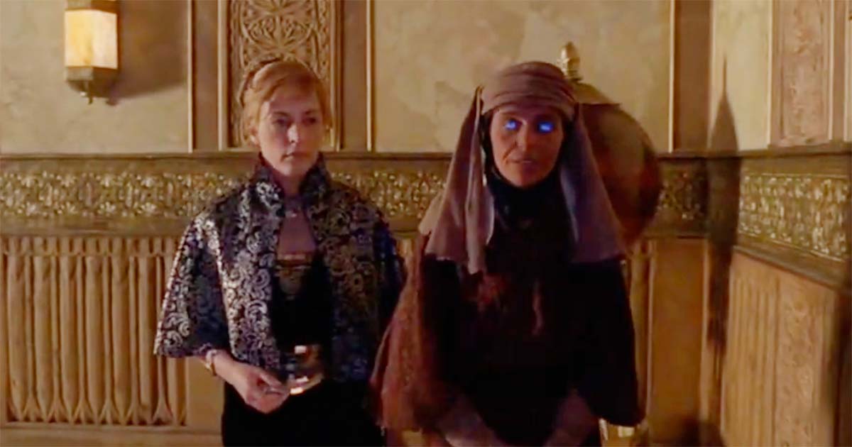 Shadout Mapes with blue Fremen eyes standing beside Lady Jessica inside the Arrakeen palace in the 2000 Dune miniseries.