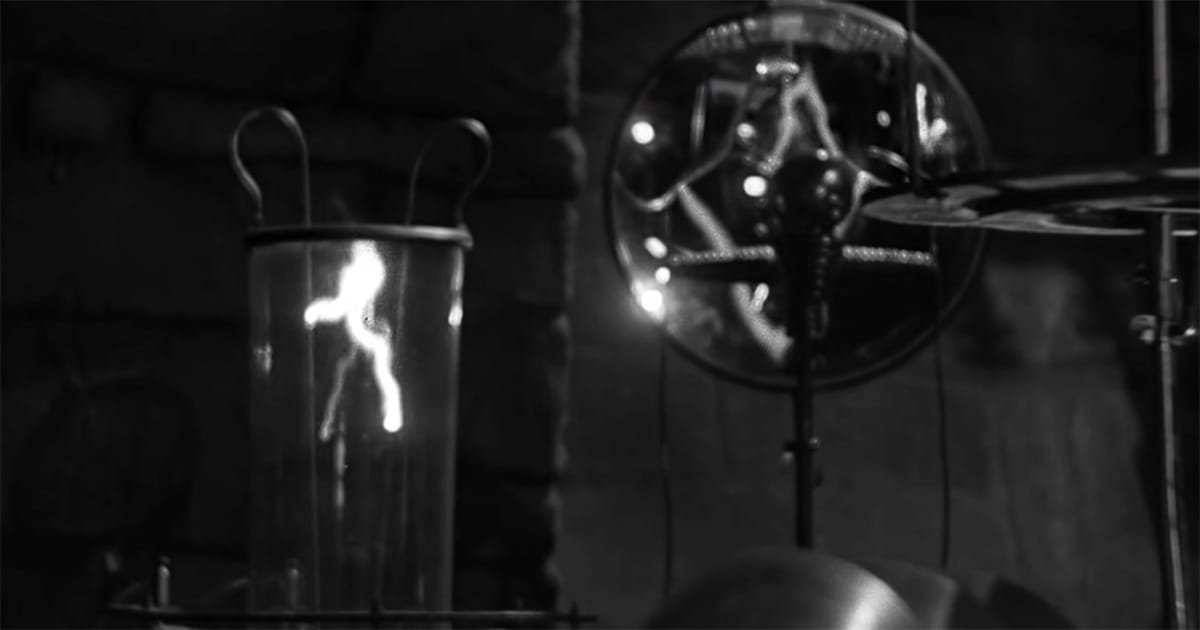Close-up of electrical laboratory equipment with coils and glass apparatus from the 1931 film Frankenstein.