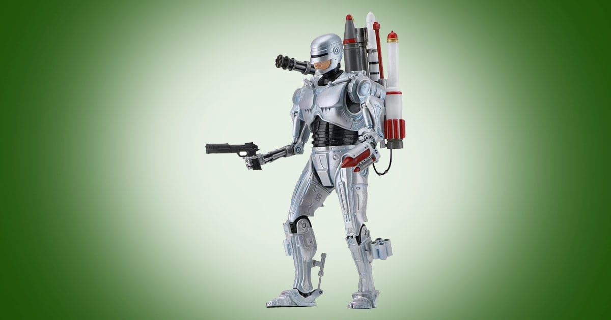 Ultimate Future RoboCop 7 inch action figure from RoboCop vs The Terminator with jetpack, shoulder cannon, and Auto 9 pistol against green background.