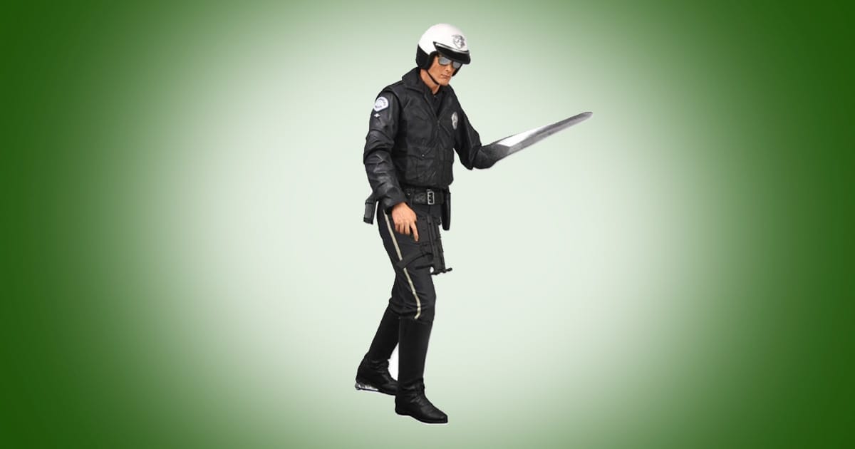 NECA T-1000 action figure from Terminator 2 Judgment Day in police uniform with extended liquid metal blade arm against green background.