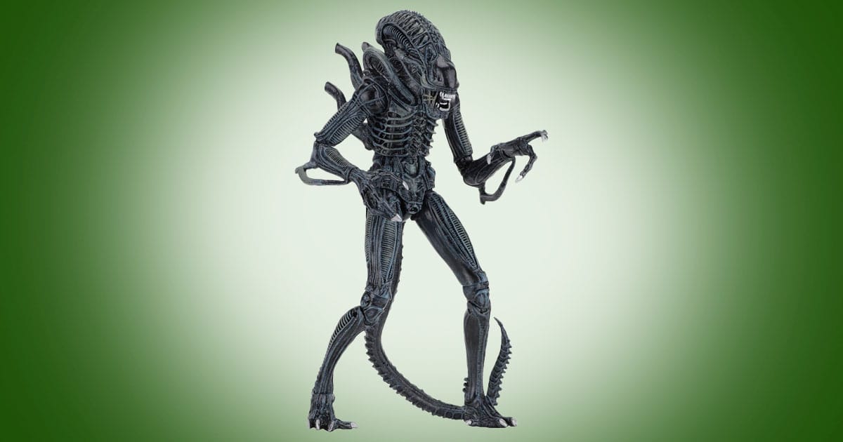 NECA Blue Warrior xenomorph action figure from Aliens (1986) with elongated dome head and articulated tail against green background.
