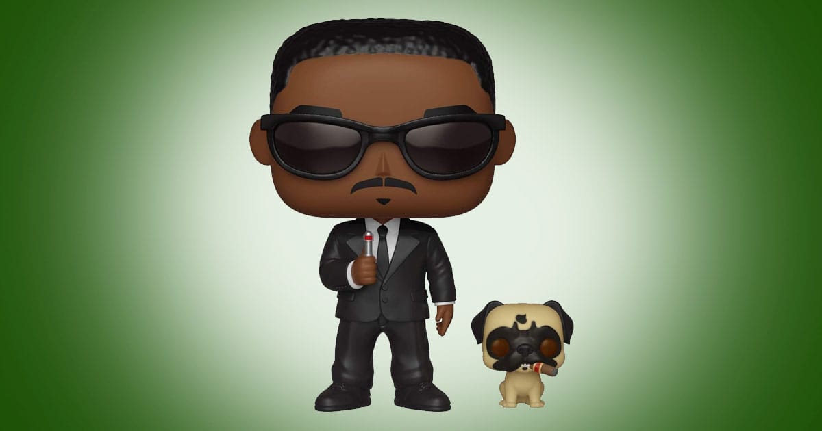 Funko Pop Agent J and Frank vinyl figures from Men in Black with black suit, sunglasses, neuralyzer, and pug alien companion against green background.