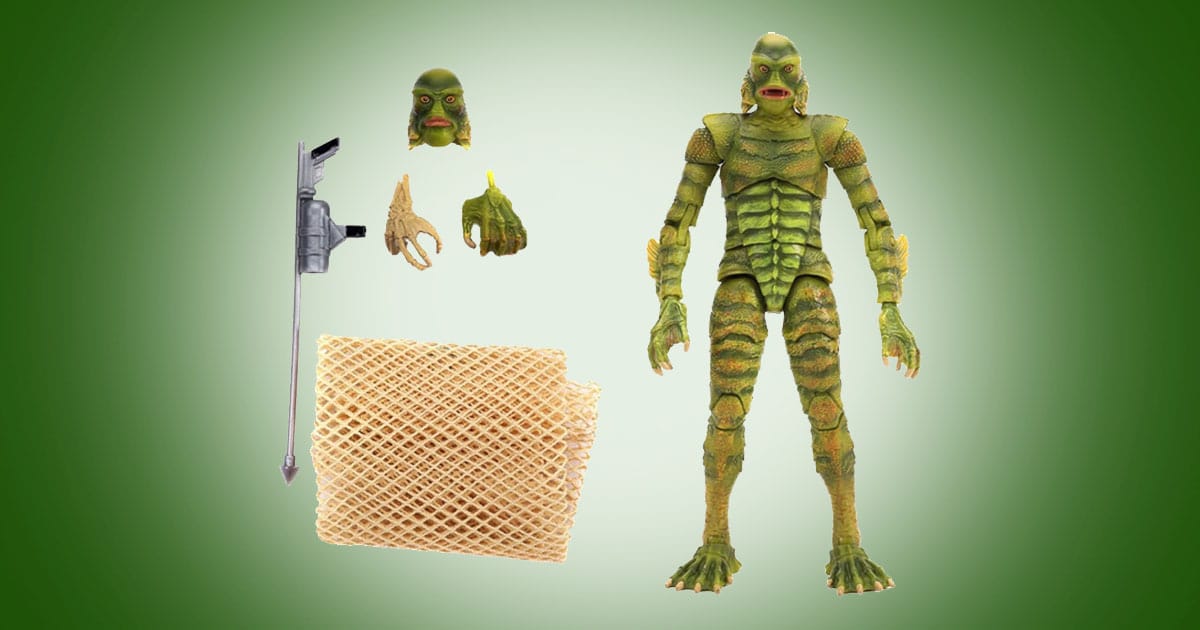 Creature from the Black Lagoon 6 inch action figure with alternate head, hands, net, and harpoon accessory displayed against green background.