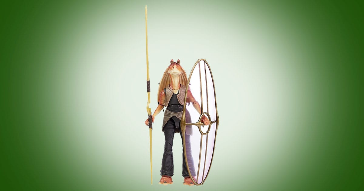 Jar Jar Binks 6 inch Black Series action figure from The Phantom Menace holding staff and energy shield against green background.
