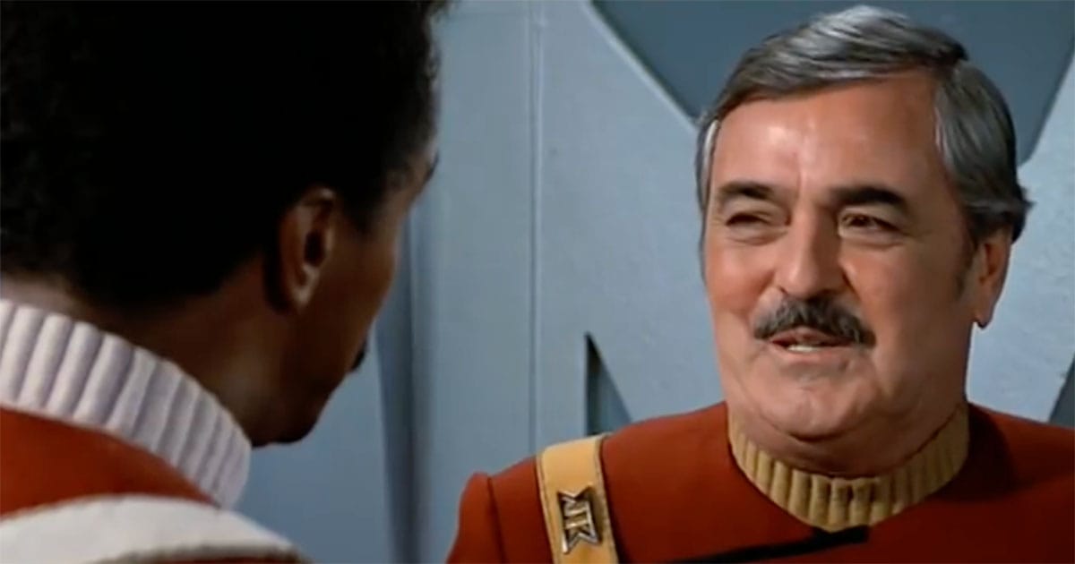 James Doohan as Scotty reacting to news of the Enterprise retirement in Star Trek III The Search for Spock.