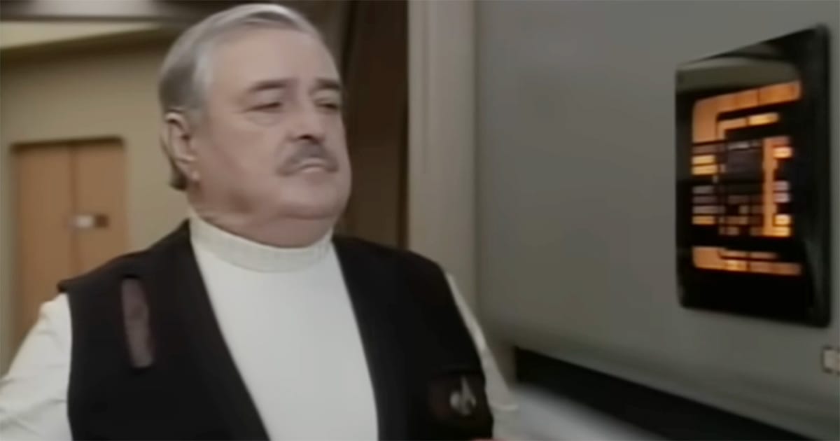 James Doohan as Scotty walking toward the holodeck to recreate his original Enterprise in "Star Trek The Next Generation Relics"