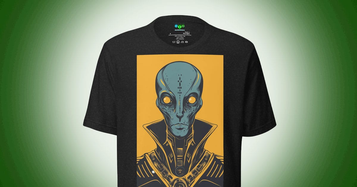 Retro sci-fi t-shirt featuring blue alien with glowing eyes and geometric collar on black background.