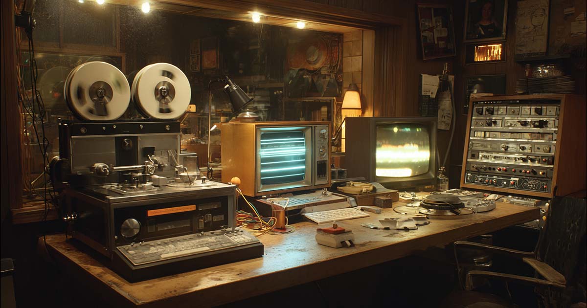 Vintage 1970s sound studio with reel-to-reel tape machine, film projector, and CRT television screens showing static interference.