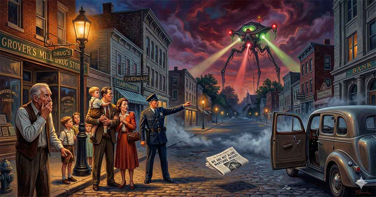 1938 small-town American street in Grover’s Mill as frightened townspeople watch a towering Martian tripod in the sky, police officer pointing, vintage car and storefronts under dramatic night clouds.