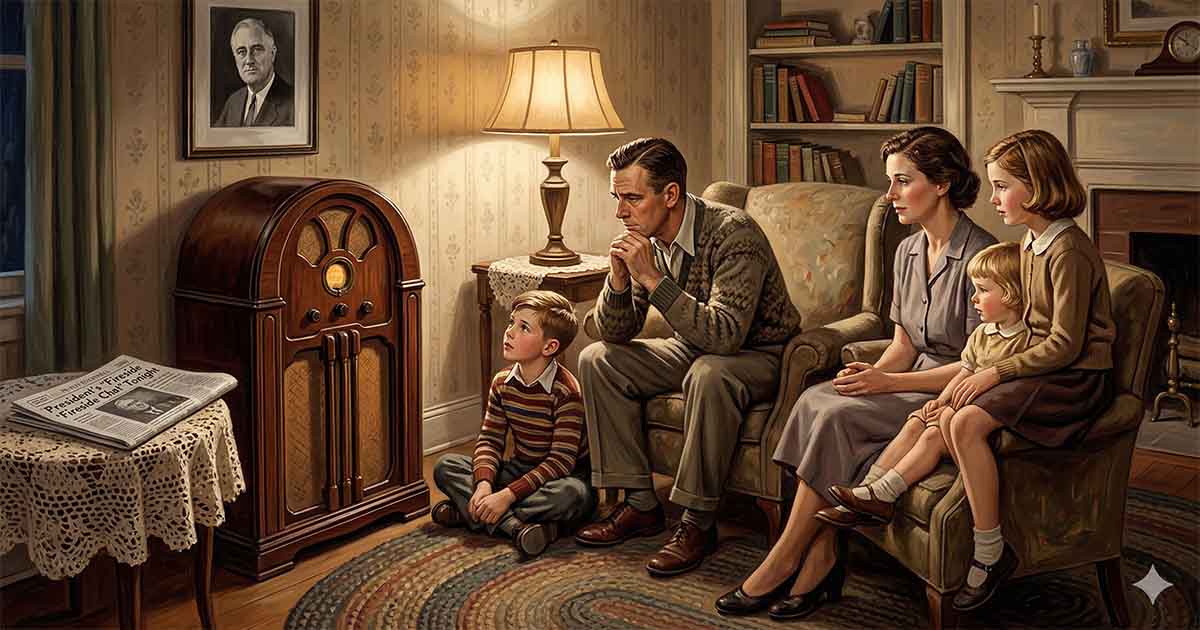 1930s American family sitting quietly around a large wooden radio in a warmly lit living room, portrait of President Roosevelt on the wall, children listening intently during evening broadcast.