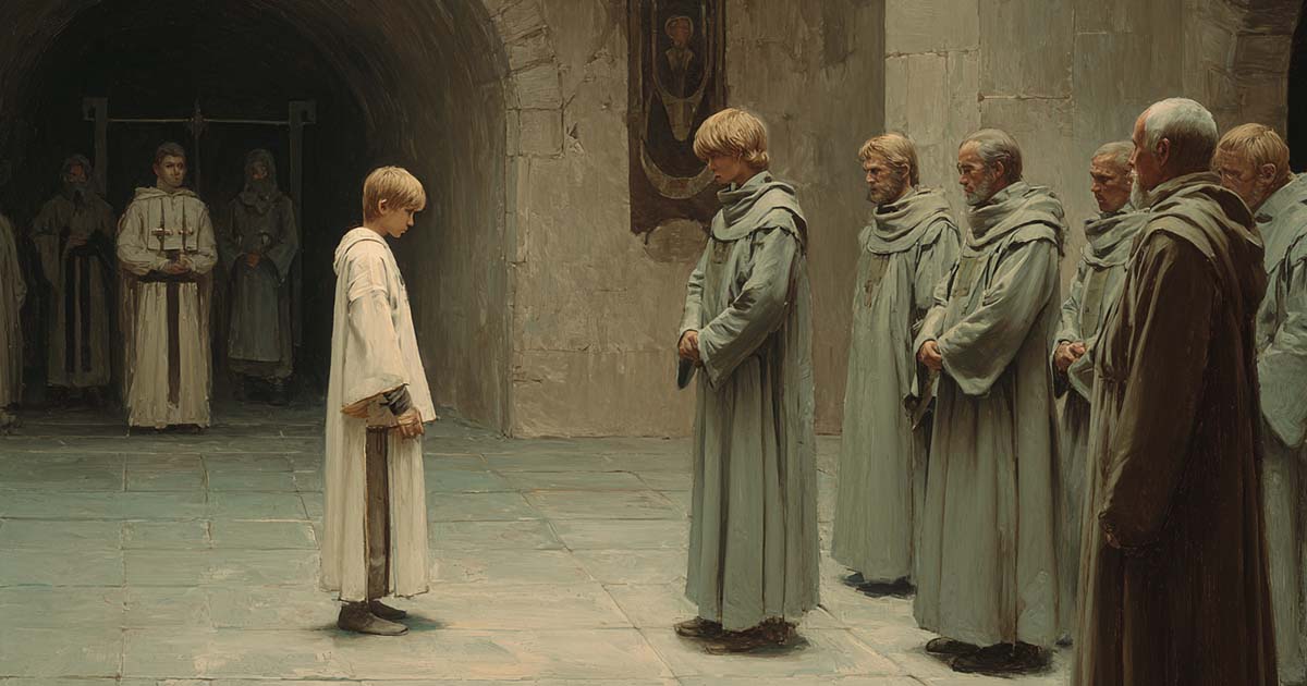 A young robed figure stands before elders in a stone hall during a quiet rite of passage.
