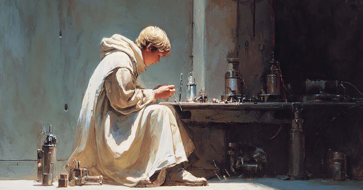 A young robed figure sits at a workbench, carefully assembling small metallic components in a quiet workshop.