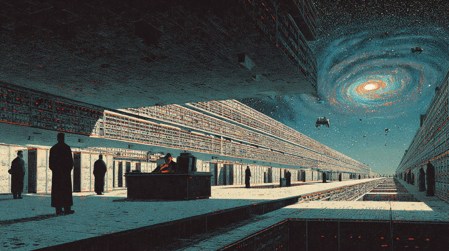 Office complex in space with a spiral galaxy visible outside for "The Hitchhiker’s Guide to the Galaxy" review.