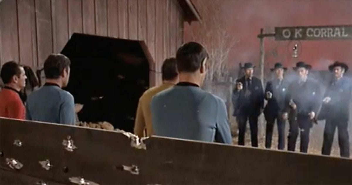 Enterprise landing party facing gunfighters in the Star Trek episode "Spectre of the Gun"