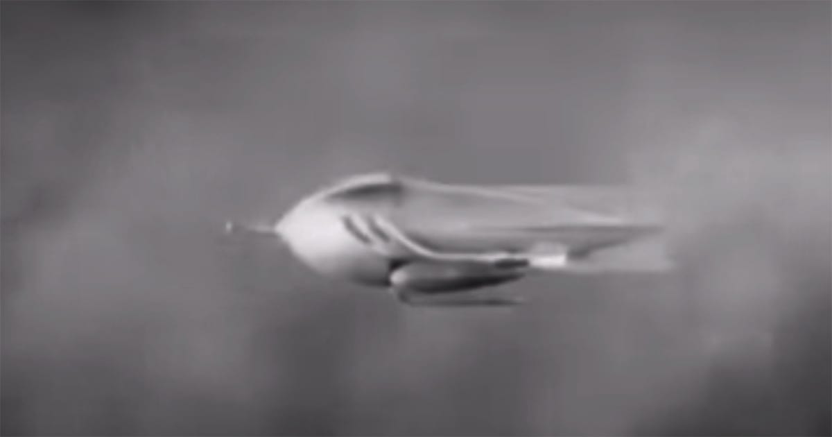 Flash Gordon rocket ship traveling through space in the 1938 serial "Flash Gordon’s Trip to Mars."