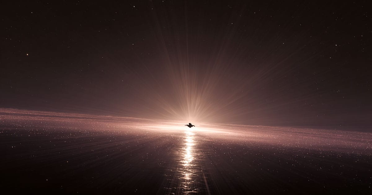 Small spacecraft flying toward a bright horizon in deep space with a reflective, glowing backdrop.