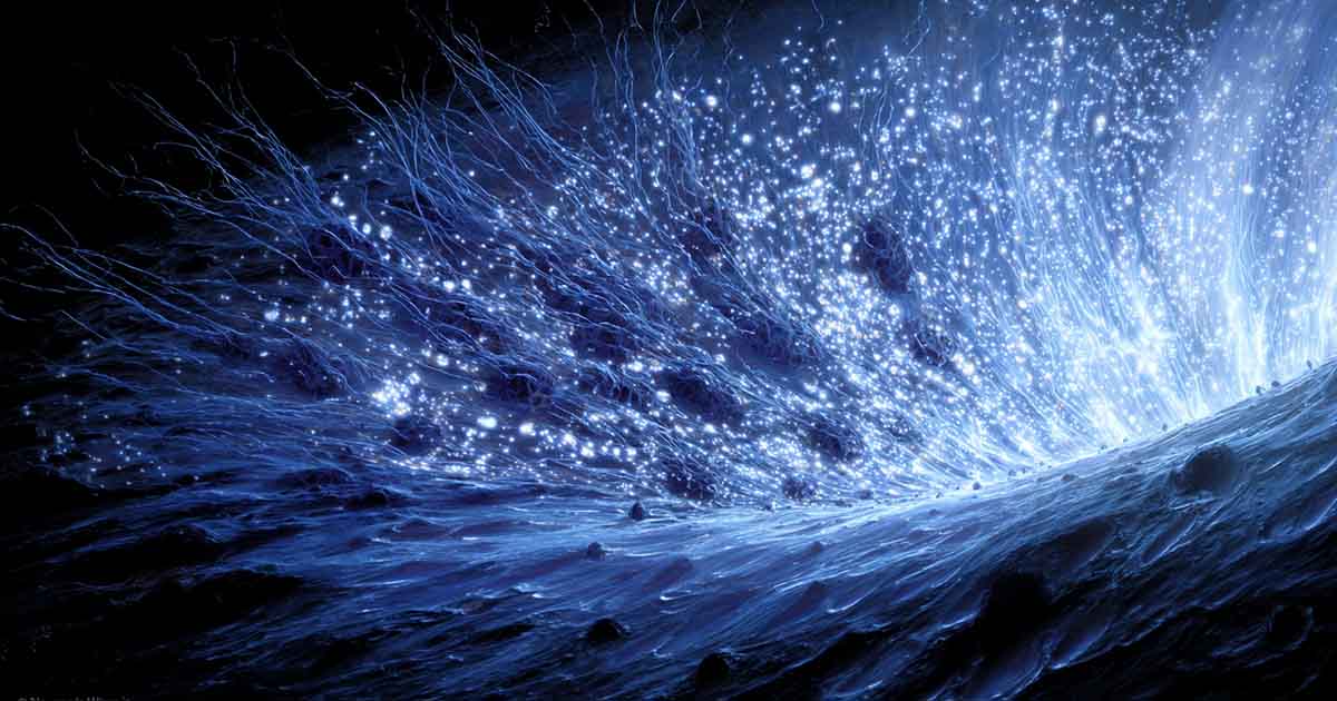 Neutron star surface with intense blue energy bursts and dense matter under extreme pressure.