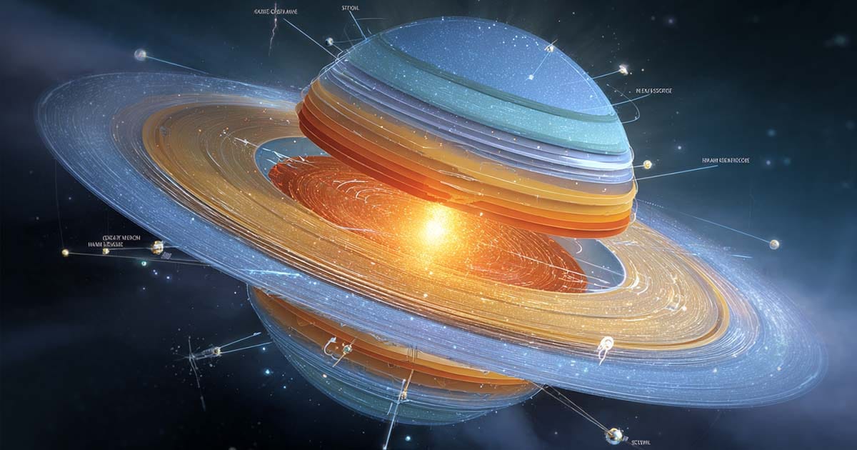 Scientific diagram of a neutron star with layered structure and orbiting spacecraft in space.