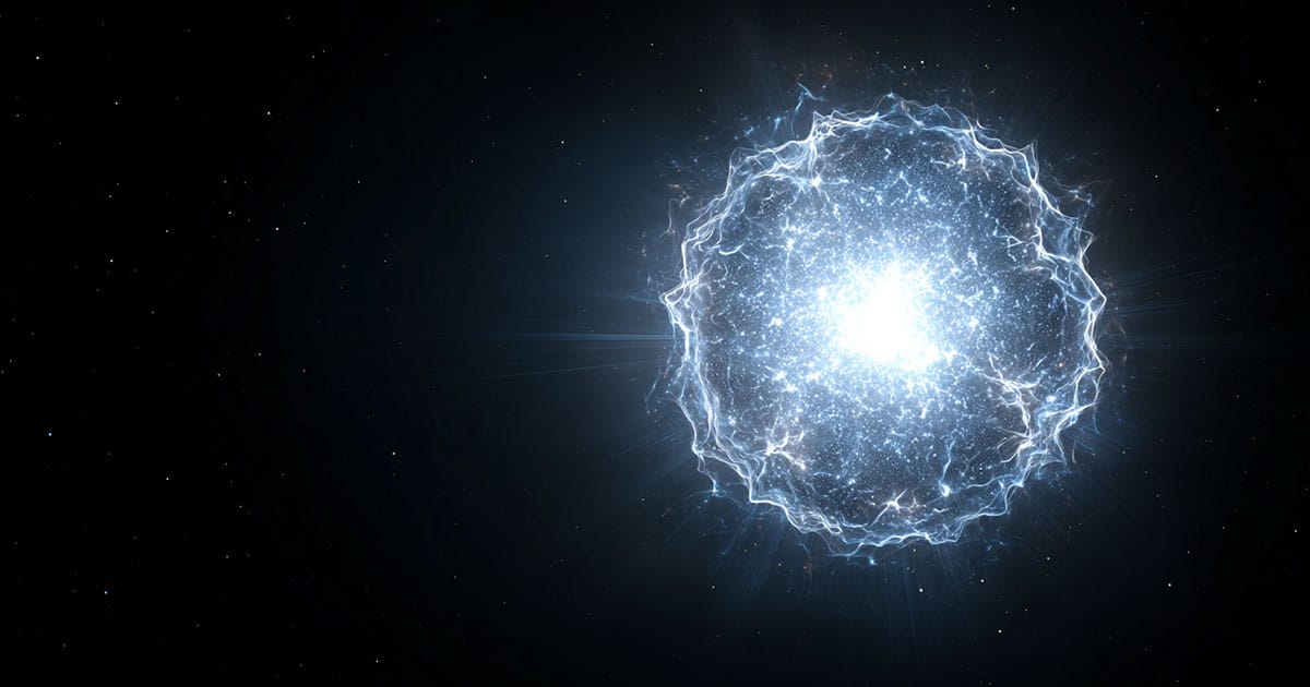Bright neutron star with glowing core and radiating energy patterns against deep space background.