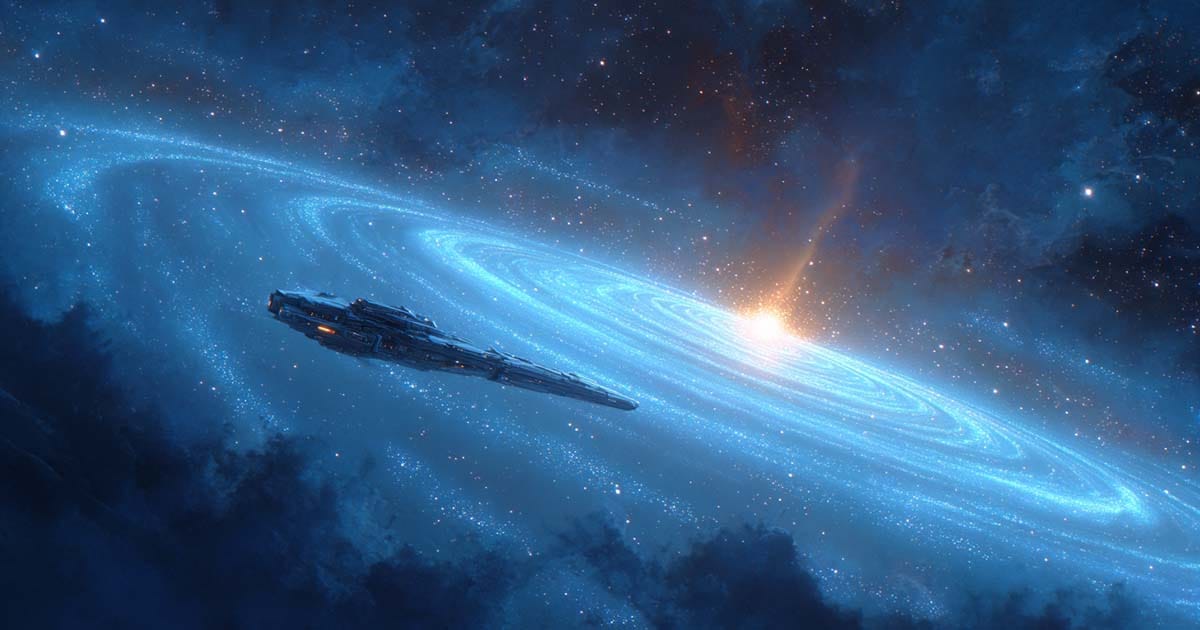 Futuristic spacecraft traveling through deep space near a glowing cosmic disk and starfield.