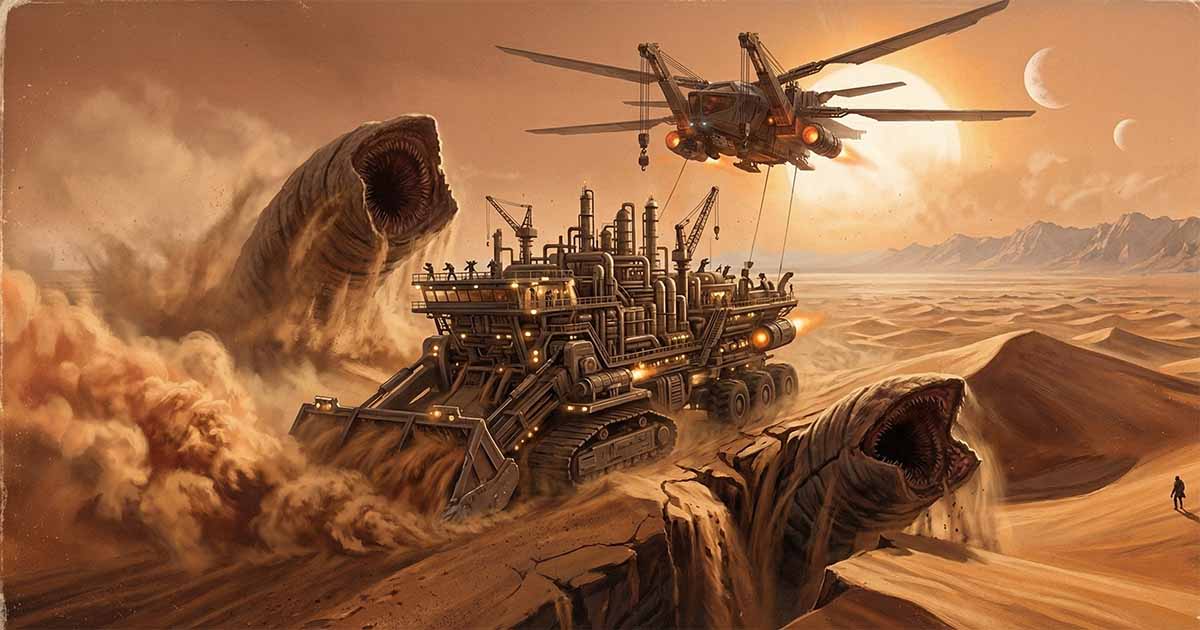 Spice harvester operating on Arrakis as giant sandworms emerge from the desert near the machine.