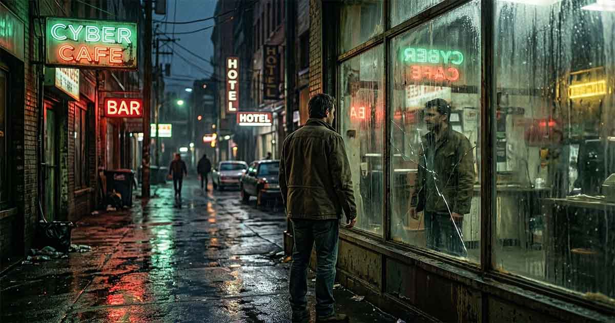 Man looking at his reflection in rain covered window on neon lit city street suggesting identity uncertainty.