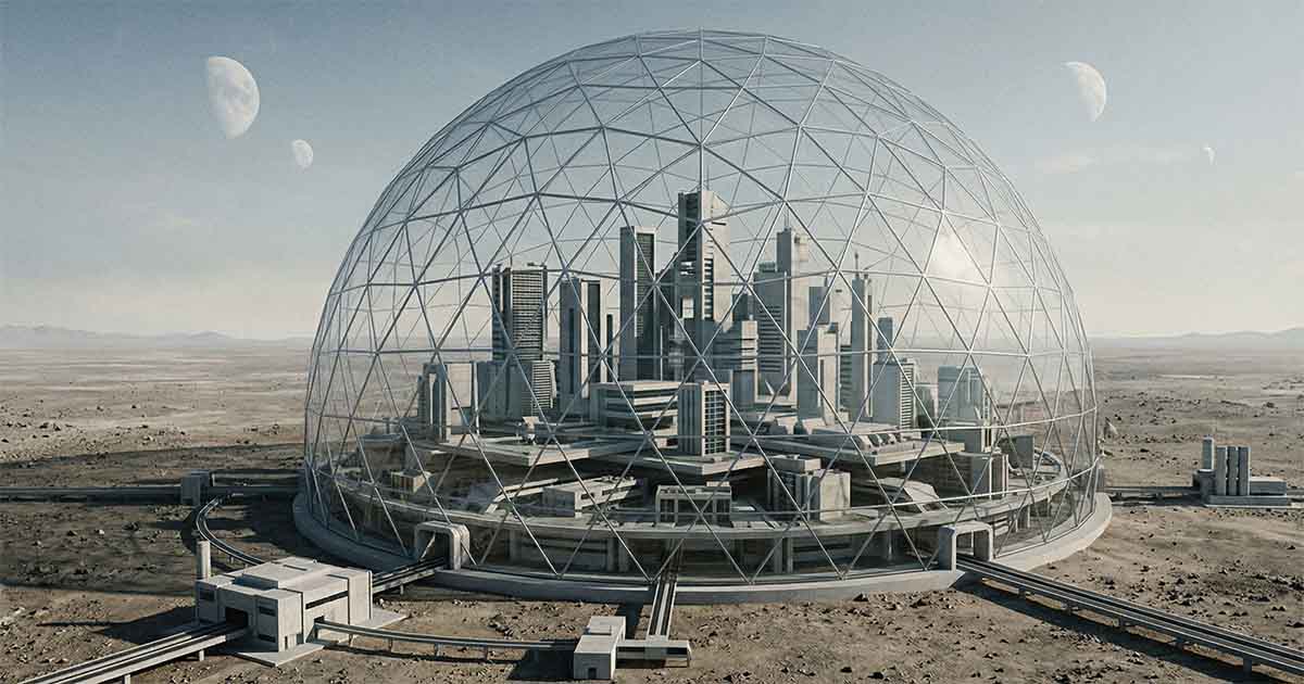 A symmetrical futuristic city enclosed in a large transparent dome in a barren landscape, with no visible people, emphasizing structure and technological control over individuals.