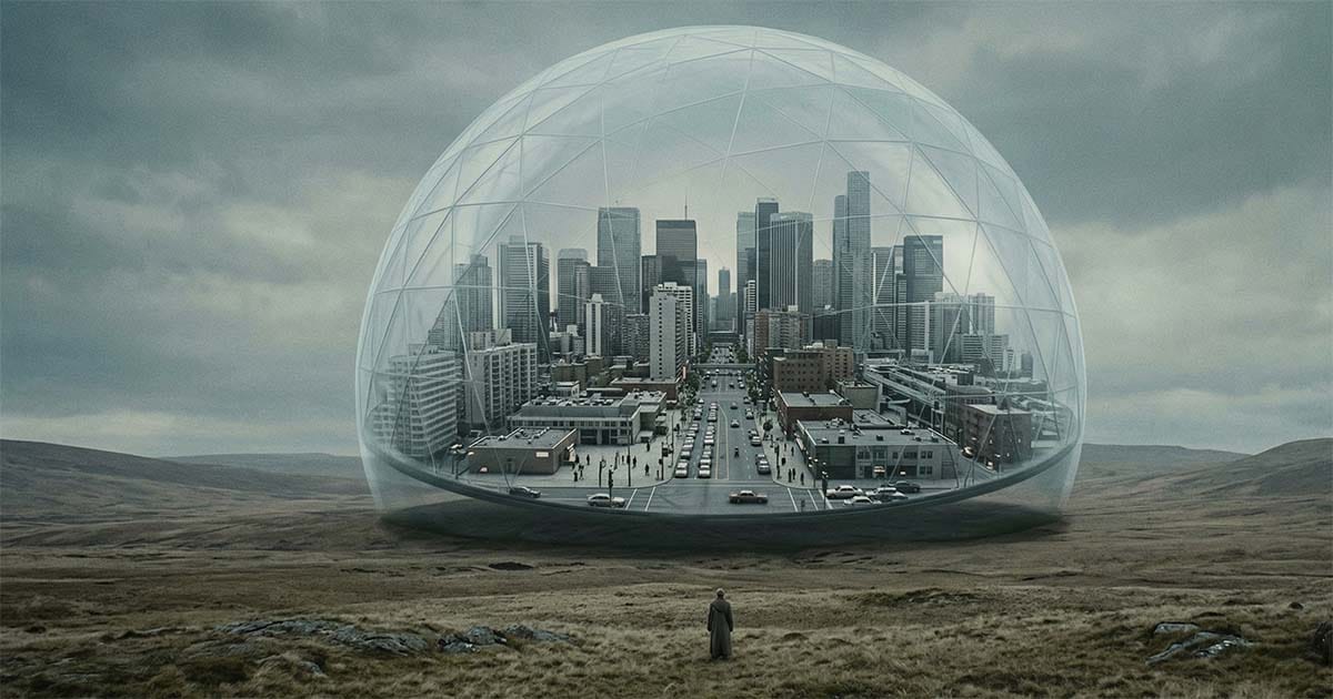 A large transparent dome enclosing a modern city sits in an empty landscape, with a lone figure standing outside, illustrating technological control and suspended time.
