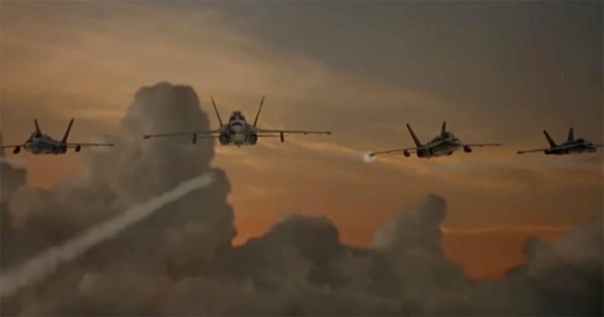 Fighter jets flying into battle against alien ships during the final attack in "Independence Day".