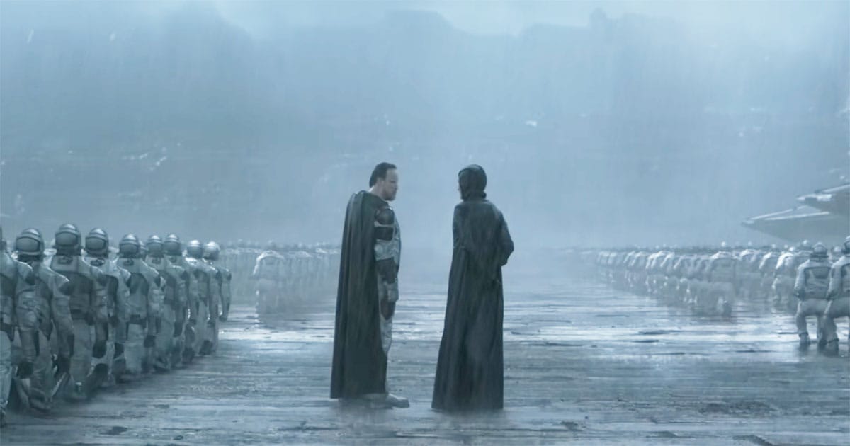 Sardaukar soldiers and commanders standing in formation during a ritual ceremony on Salusa Secundus in "Dune."