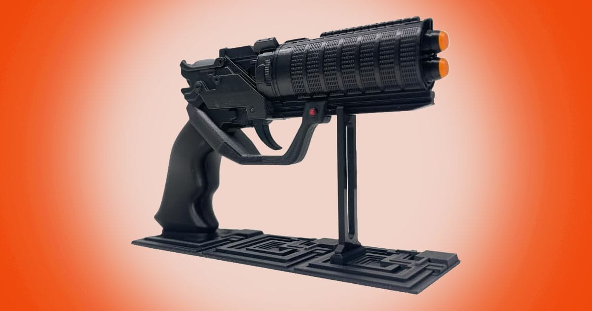 Blade Runner futuristic blaster prop replica displayed on stand