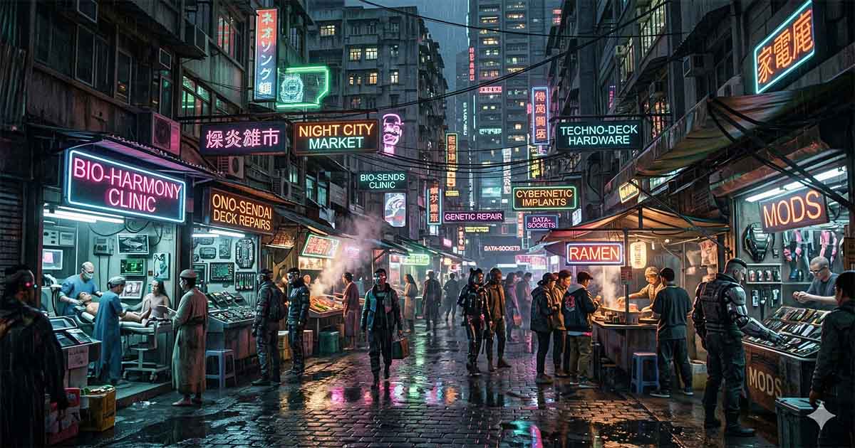 Cyberpunk street market with neon signs and technology vendors inspired by the world of "Neuromancer".