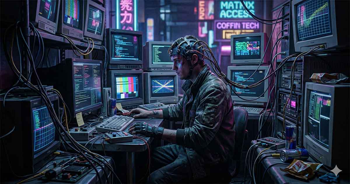 Cyberpunk hacker surrounded by computer monitors and cables inspired by the console cowboys of "Neuromancer".
