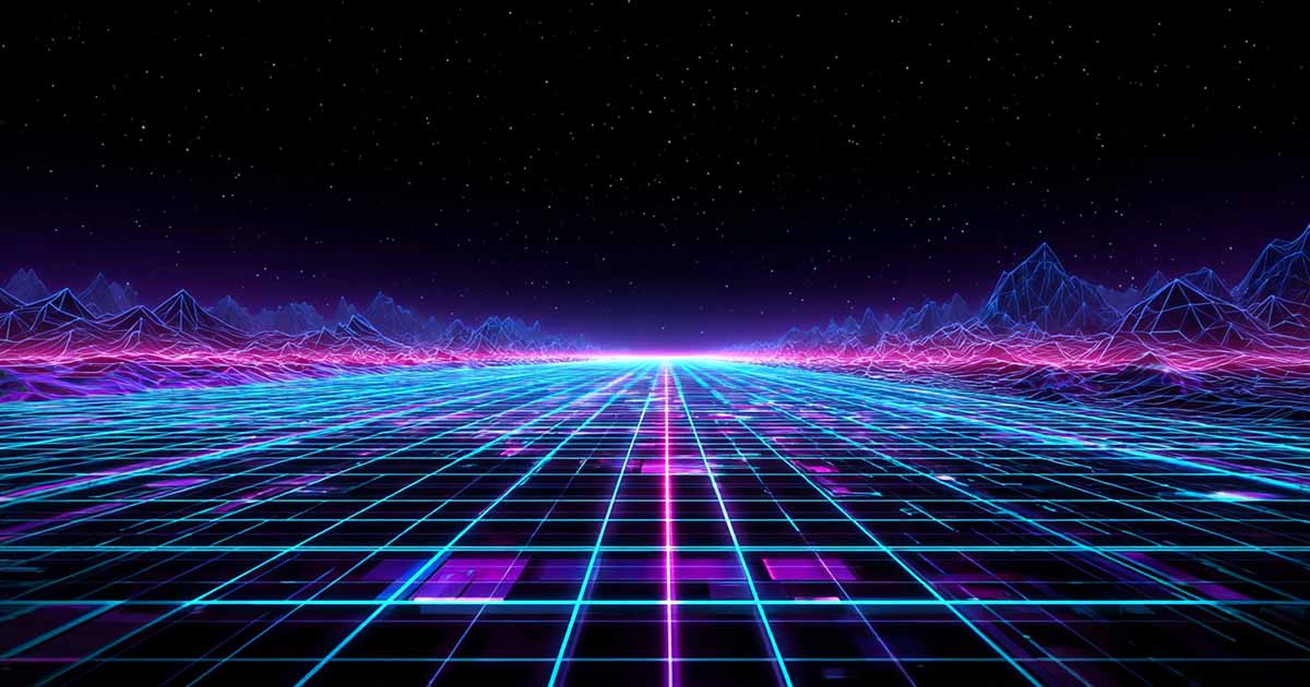 Neon digital grid landscape representing cyberspace inspired by the world of "Neuromancer".