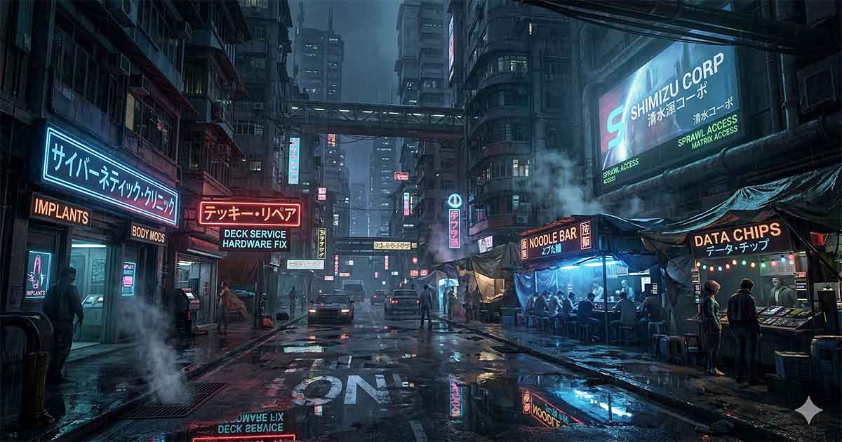 Rainy cyberpunk street with neon signs, cybernetic clinics, and market stalls inspired by the world of "Neuromancer".