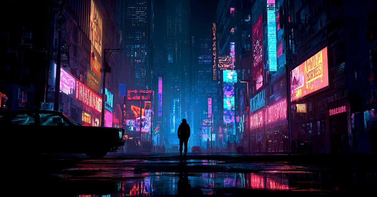Silhouette of a lone figure walking through a neon-lit cyberpunk city street at night inspired by "Neuromancer".