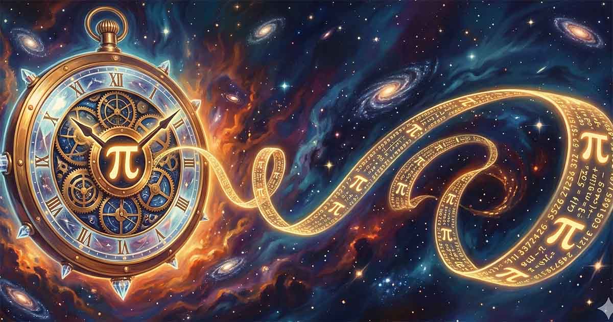 Cosmic clock with glowing pi symbol and ribbon of pi digits spiraling through space and galaxies.
