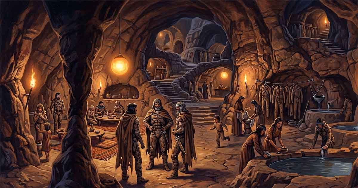 Interior of a Fremen sietch carved into rock on Arrakis where families gather, stillsuits hang to reclaim water, and a communal water basin sits at the center.