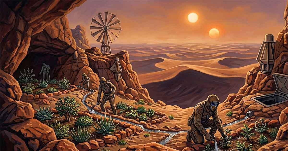 Fremen tending desert plants and guiding irrigation channels in a hidden basin on Arrakis as part of their long-term ecological plan.