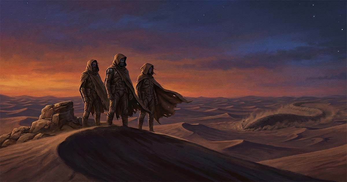 Three Fremen standing on a high desert dune at dusk, looking out across the vast sands of Arrakis.