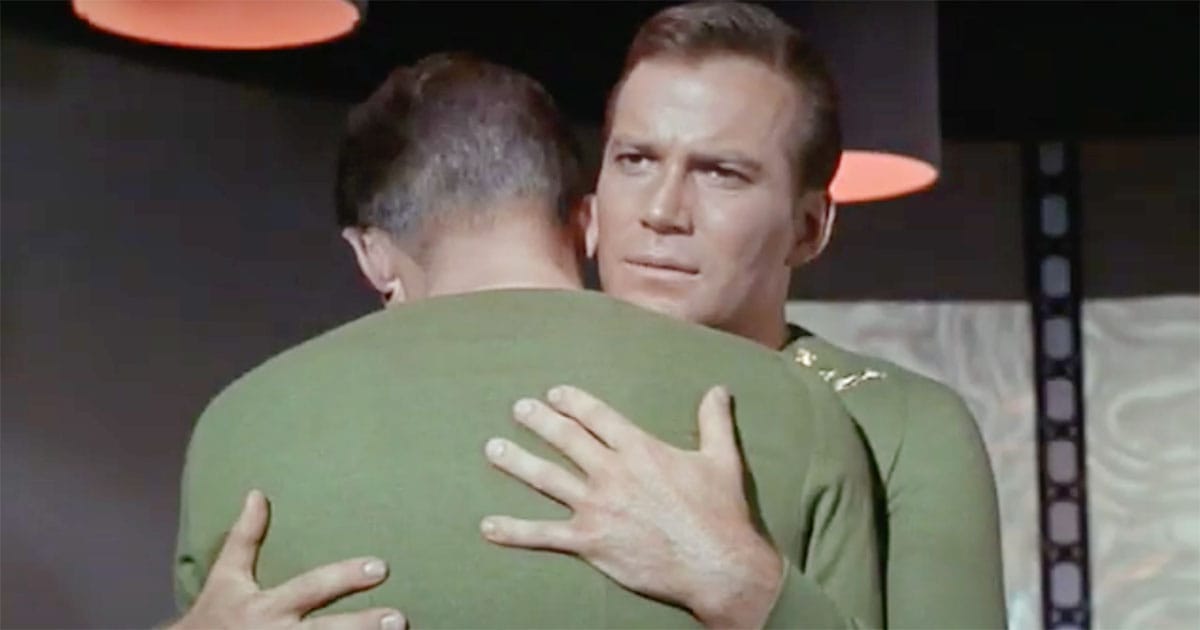 Captain Kirk confronting his duplicate in the Star Trek episode "The Enemy Within."
