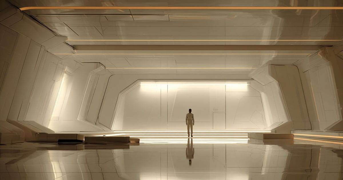 A lone figure standing in a symmetrical futuristic training room with clean geometric design.