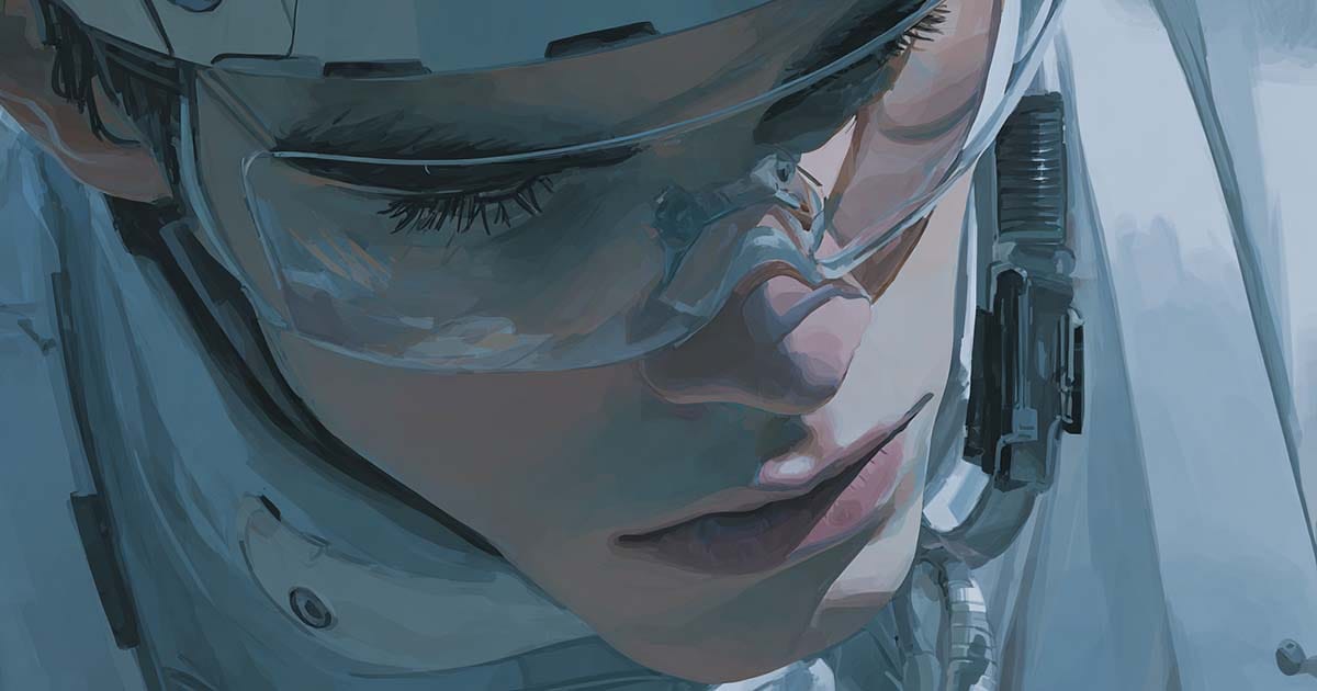 Close-up of a young cadet wearing a futuristic headset, eyes lowered in a controlled and focused expression.