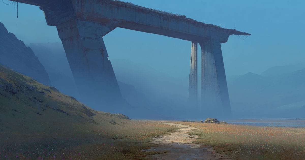 A worn path leading toward a large weathered futuristic structure in a quiet landscape.