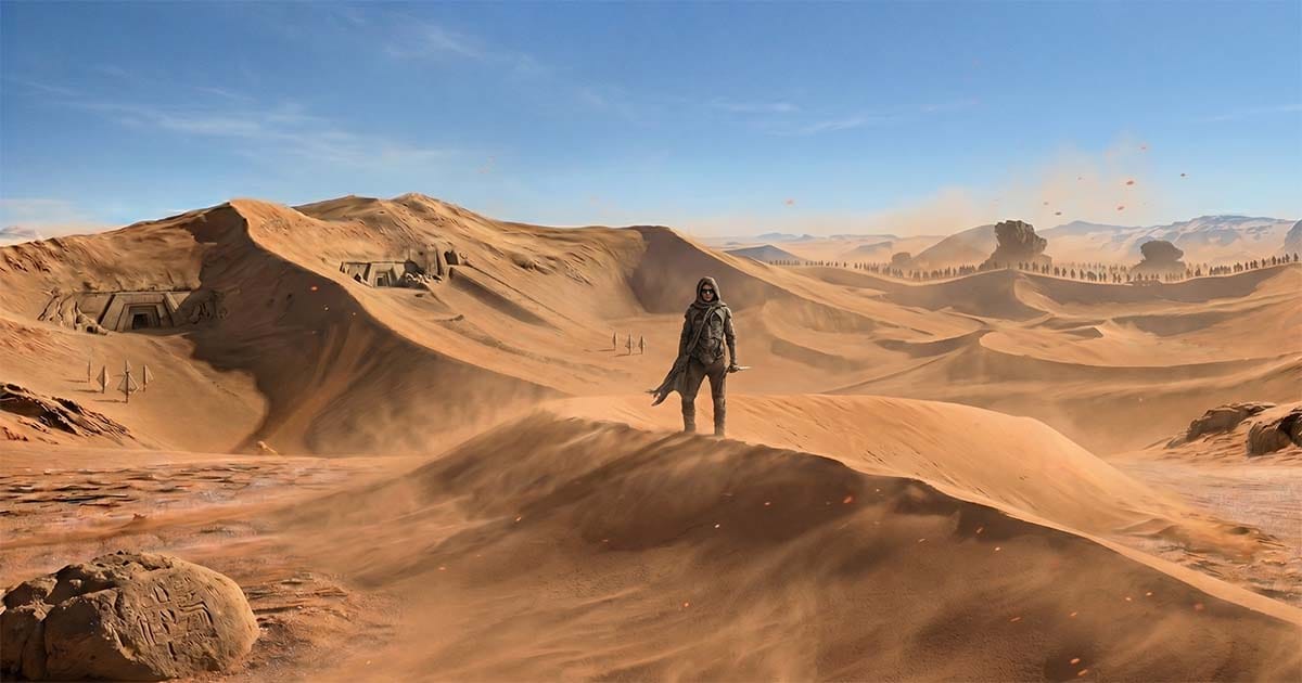 Figure standing on a desert dune on Arrakis with distant figures on the horizon and wind blowing sand.